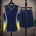 Men's navy blue quick-dry sports set with v-neck breathable mesh jersey and shorts - M / Dark Blue
