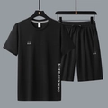 Men's ice silk quick-dry sports set with RUN print T-shirt and drawstring shorts - M / Black