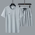Men's ice silk quick-dry sports set with breathable mesh T-shirt and drawstring shorts - M / Gray