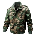 Men's camouflage flight jacket with multi-pocket design and rib-knit trim on white background - M / Camouflage