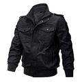 Men's casual black military cotton jacket with stand collar and zipper pockets - M / Black