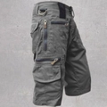 Close-up detail of cargo shorts showing utility pockets and durable metal D-ring buckle - Dark Gray