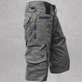 Men's loose multi-pocket cotton cargo shorts in dark grey with metal D-ring detail - S / Dark Gray