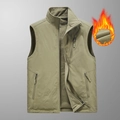 Men's reversible fleece-lined vest in olive green featuring windproof stand collar - M / Khaki