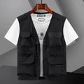 Gilet multitasche da uomo nero con scollo a V e zip, stile cargo casual pratico - M / Nero