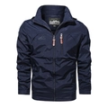 Men's outdoor waterproof windbreaker jacket in deep blue color with mountain logo - M / Blue