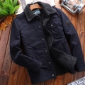 Men's dark blue fleece-lined work jacket with warm sherpa collar and embroidery - M / Black Blue