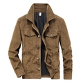 Classic brown corduroy jacket for men featuring a lapel collar and metal buttons - M / Khaki