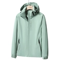 Waterproof outdoor hooded jacket in mint green with EXPLORE detail for hiking - M / Women's Pea Green