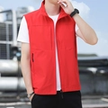 Men's outdoor bright red hooded vest with multi-pocket design and full zipper closure - M / Red