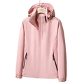 Pink hooded waterproof windbreaker jacket for women with adjustable cuffs and explore text - M / Women's Pink