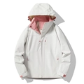 Outdoor hooded windbreaker jacket for couples in off-white with pink color-block details - M / Warm White / Coral Pink - Women