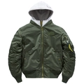 Army green MA-1 bomber jacket with grey detachable hood and classic utility sleeve pocket - M (Euro Size) / Army Green
