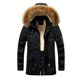 Parka invernale da uomo nero con cappuccio in ecopelliccia marrone e fodera calda - M / Nero
