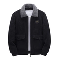 Heren corduroy jas in zwart met grijze wollen kraag en warme voering voor de winter - M / Zwart