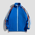 Veste bleue à col montant pour homme avec rayures blanches et orange aux manches - M / Bleu