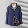 Men's winter navy blue windproof jacket with warm brown faux fur lining and stand collar - M / Blue
