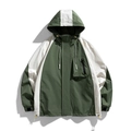 Men's hooded windbreaker jacket in olive green and beige color block outdoor style - M / Army Green