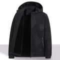 Men's casual black hooded fleece-lined jacket with sport prints and windproof fabric - M / Black
