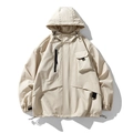 Off-white hooded outdoor jacket with windproof zipper and multiple utility pockets - M / Apricot