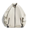 Beige men's stand collar casual jacket with black zippers and orange zipper pulls - M / Khaki