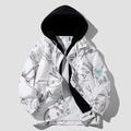 Graffiti print hooded windbreaker with black hood and white printed pattern design - M / White