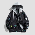 Men's hooded jacket with colorful graffiti print and gray hood in a layered street style - M / Black