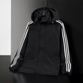 Men's stylish black hooded windbreaker jacket featuring three white stripes on sleeves - M / Black