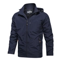 Dunkelblaue Herren-Outdoor-Windjacke mit Kapuze und mehreren Reißverschlusstaschen - M / Marineblau