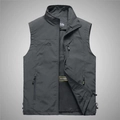 Dark grey outdoor multi-pocket fishing vest with zipper closure and breathable mesh lining - S / Tops / Gray