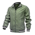 Men's casual army green bomber jacket with striped ribbed trims and full zip closure - M / Green