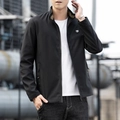 Men's casual black jacket with stand collar and silver shield logo on chest - M / Black