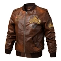 Chaqueta bomber vintage de cuero sintético marrón con bordado de moto y puños elásticos - M / café