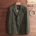 Men's olive green casual cotton blazer jacket with vintage patch sleeves and patch pockets - M / Army Green
