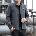 Men's dark gray stand collar jacket with striped inner lining and emblem detail - M / Gray
