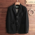 Men's casual black cotton blazer jacket with patch pockets and vintage wooden background - M / Black