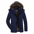 Parka invernale da uomo blu navy con cappuccio in pelliccia e fodera in pile calda - M / Blu scuro