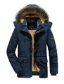 Men's navy blue winter parka with faux fur hood and warm yellow fleece lining - M / Sapphire Blue