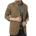 Men's light brown casual cotton blazer with two-button design and rounded hemline - Khaki