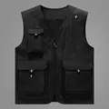 Front view of black multi-pocket outdoor fishing vest with breathable mesh back panel - M / Black