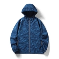 Navy blue hooded windbreaker jacket with tropical leaf print and waterproof zipper - S / Blue