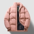 Pink winter puffer jacket with stand collar and zipper closure for men and women - M / Pink