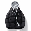 Winter puffer jacket for men with grey faux-two-piece hood and windproof warm padding - M / Black