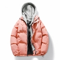 Pink men's padded hooded jacket with grey double-layer windproof design and ribbed cuffs - M / Pink