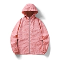 Pink tropical monstera leaf print windbreaker jacket with hood and zipper closure - S / Pink