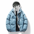Men's blue puffer jacket with grey hood, thick warm windproof winter coat in puffer style - M / Blue