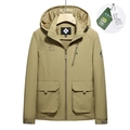 Men's outdoor hooded work jacket in khaki with waterproof zip pocket and adjustable cuffs - M / Khaki