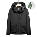 Men's black hooded outdoor utility jacket with waterproof fabric and multi-pocket design - M / Black