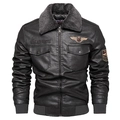 Detail of men's brown PU leather jacket featuring faux shearling collar and embroidered patches - L / Gray
