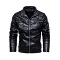 Chaqueta motera de cuero PU negro para hombre de corte entallado con cuello alto y acolchado - L / Negro